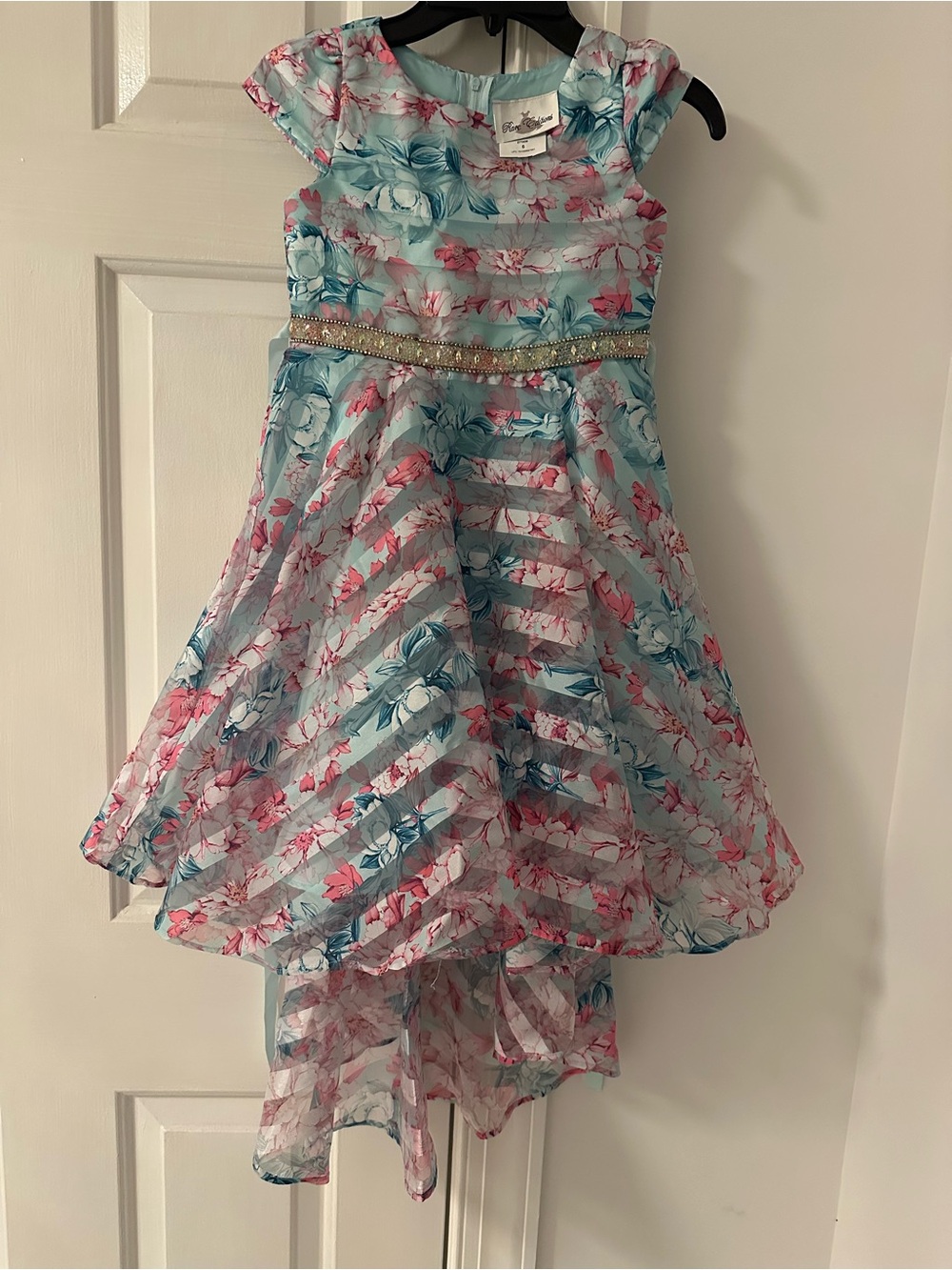 Rare Editions Blue and Pink Floral High-Low Dress with Beaded Waist